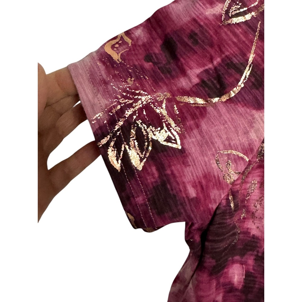 Pilcro Anthropologie Pink Purple Tie Dye Gold Foil Floral Cotton Tee Shirt M - Picture 7 of 8